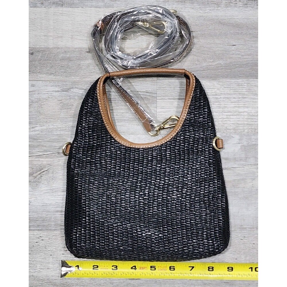 J Jill Straw Leather Trim Small Crossbody Black Top Handle And Detachable Strap - Picture 4 of 9